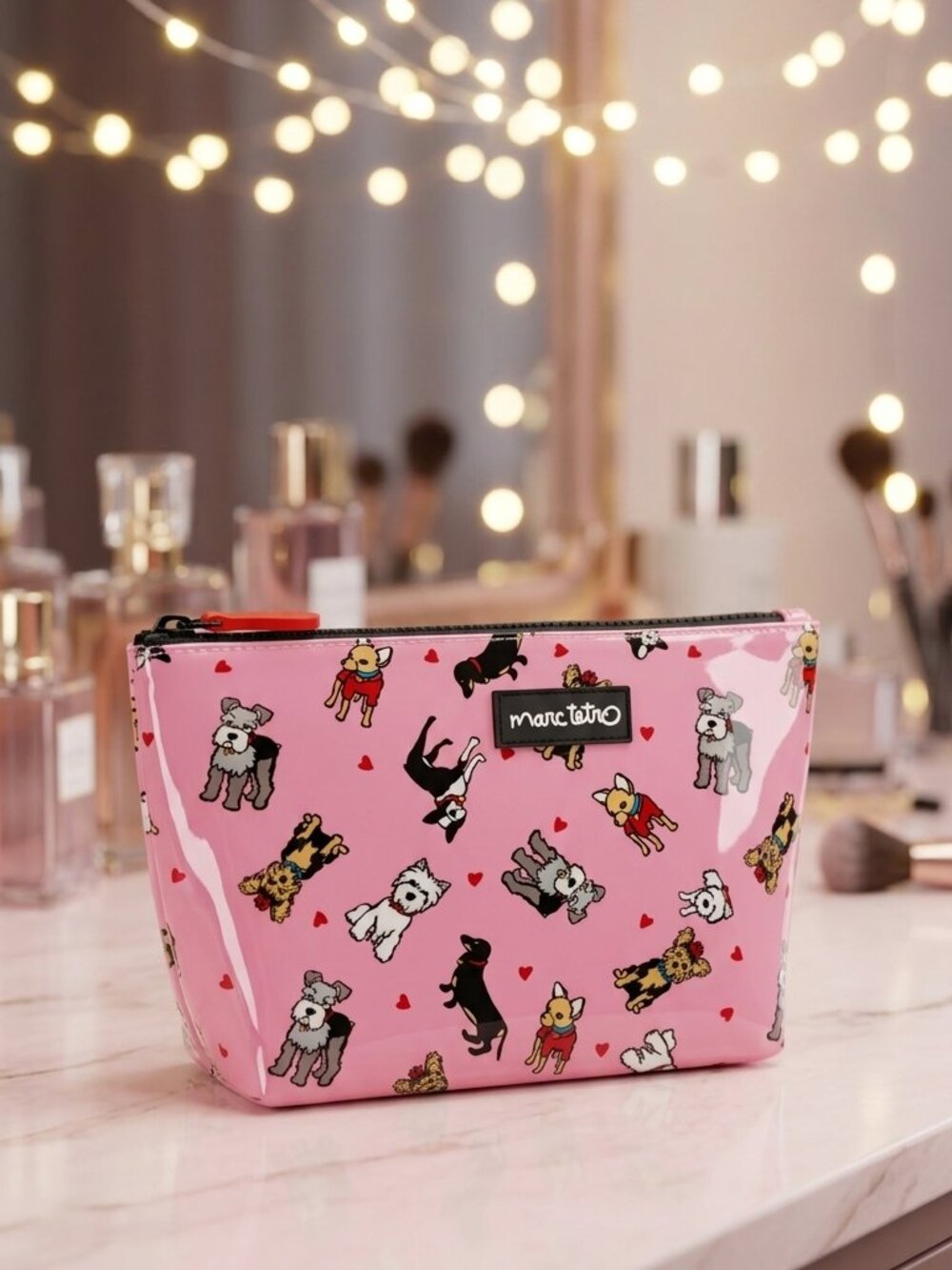 NWT Marc Tetro Pink Patent Multi Dog Print Cosmetic Bag Pouch Heart Zipper Pull